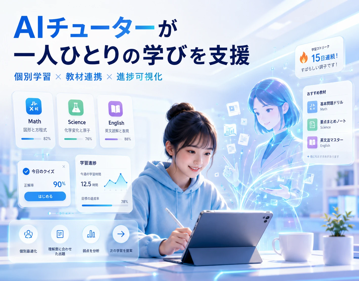 AIチューター搭載 個別学習支援システムのコンセプトビジュアル（個別学習・教材連携・進捗可視化）