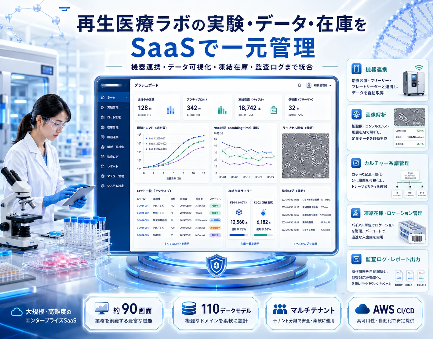再生医療ラボ向け細胞培養管理SaaSのダッシュボード（機器連携・データ可視化・凍結在庫・監査ログ）