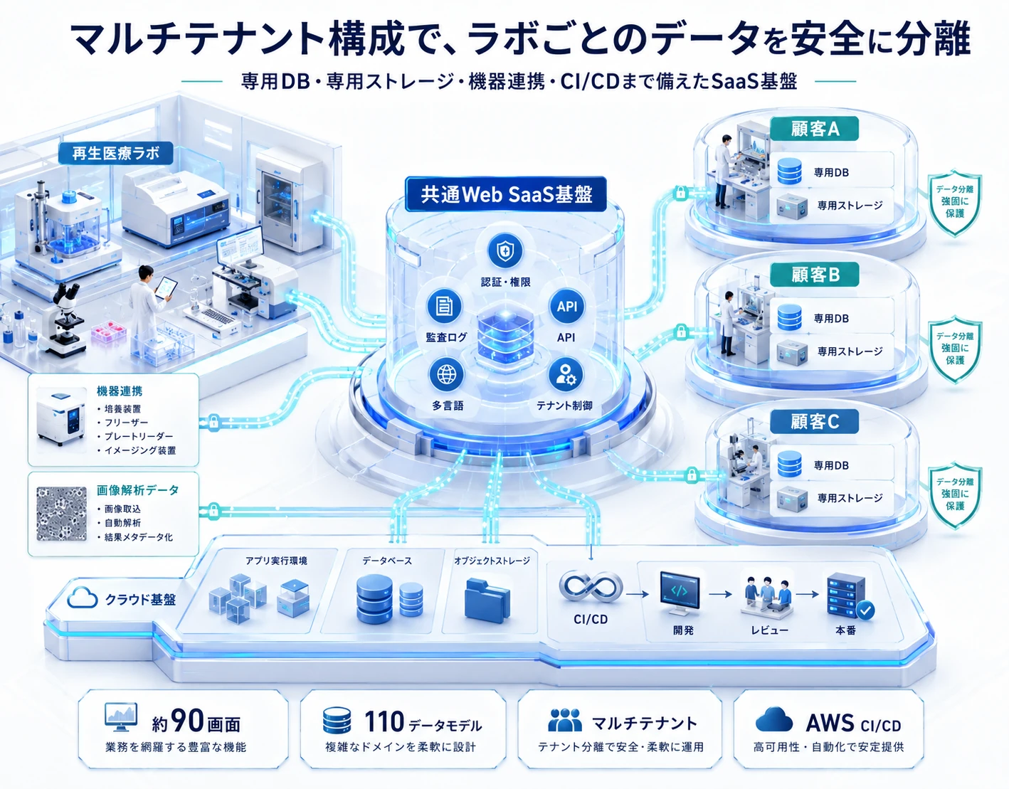 ラボごとに専用DB・専用ストレージを分離するマルチテナントSaaS基盤の構成図