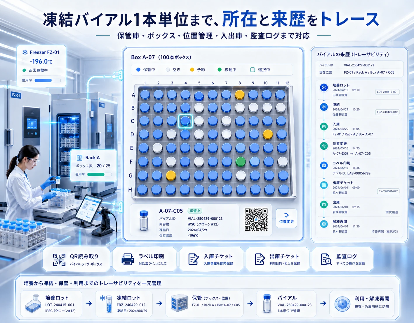 凍結バイアルを1本単位で管理し、所在と来歴をトレースする凍結在庫画面
