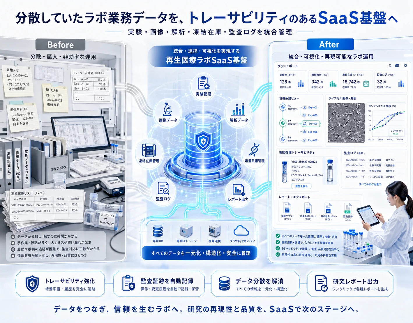 分散・属人化していたラボ業務データを統合SaaS基盤へ移行するBefore/Afterの図