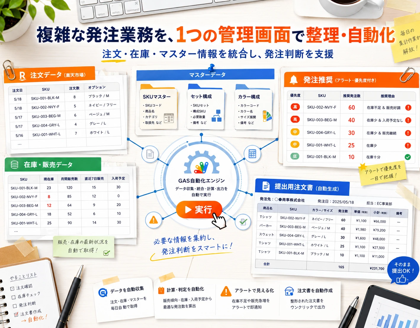 注文・在庫・マスターをGAS自動化エンジンに統合し発注推奨・注文書生成まで行う構成図